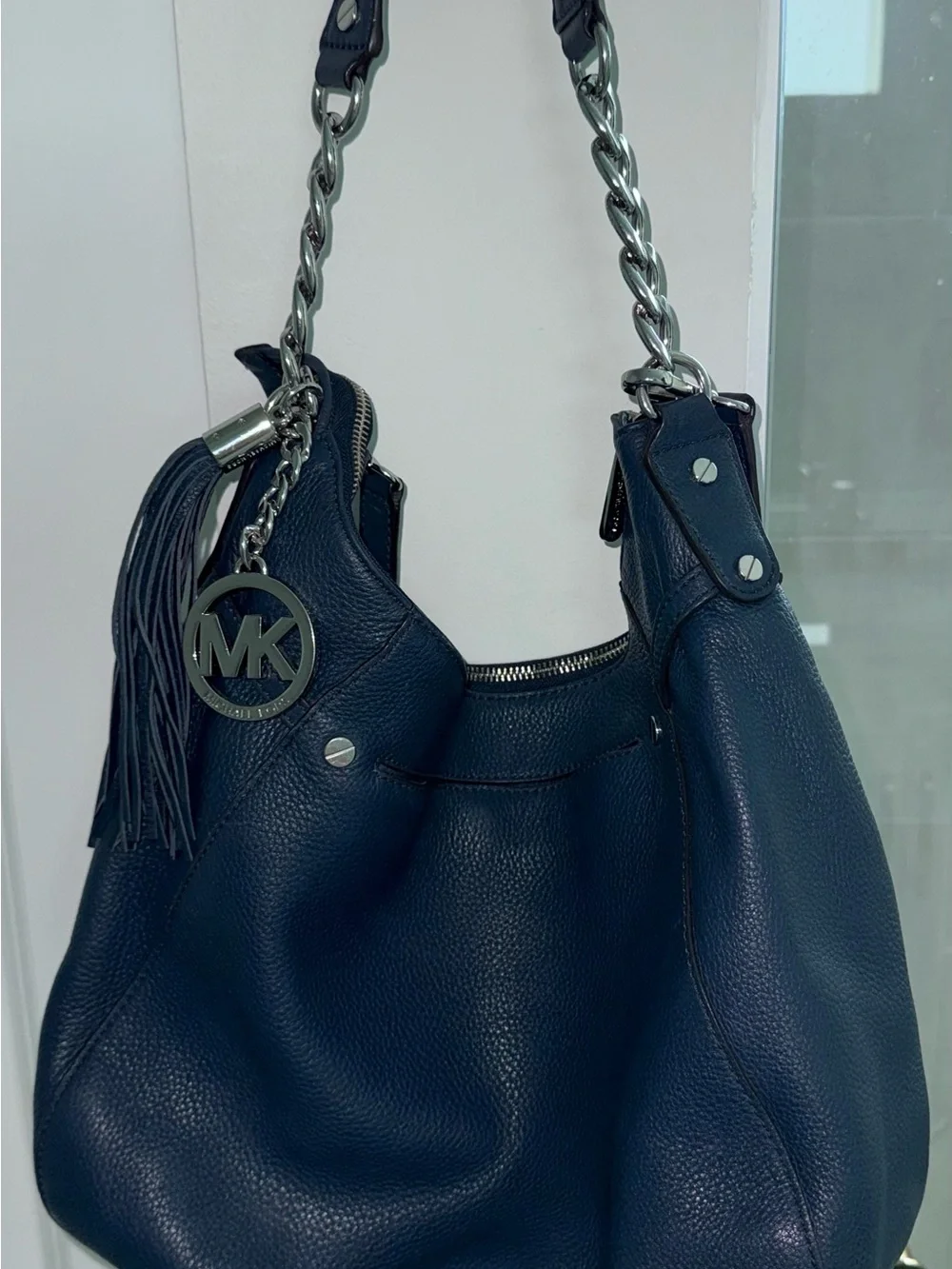 Michael Kors Deep Navy Pebbled Leather Hobo with Chain Strap
